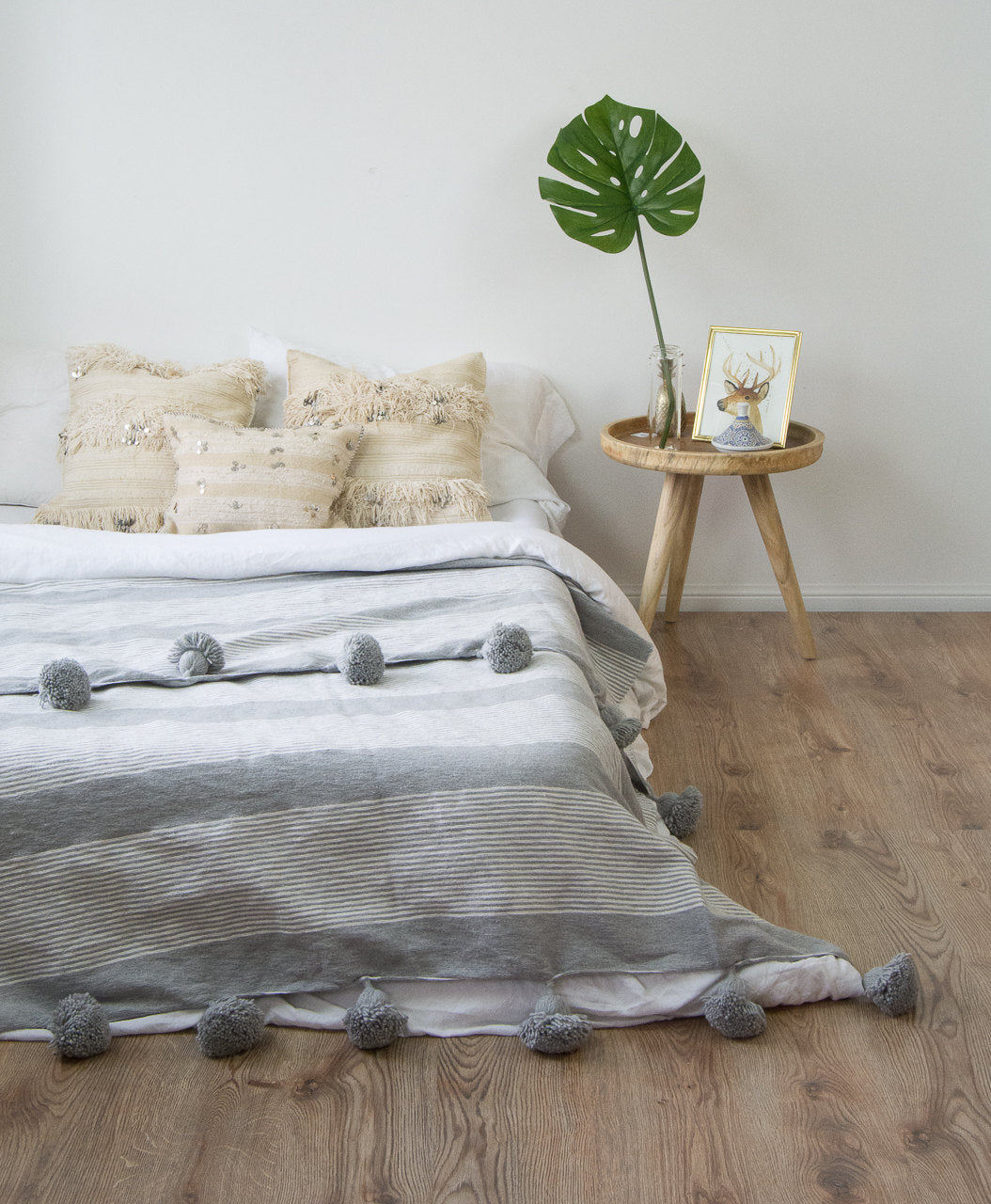 moroccan pom blanket white gray stripes