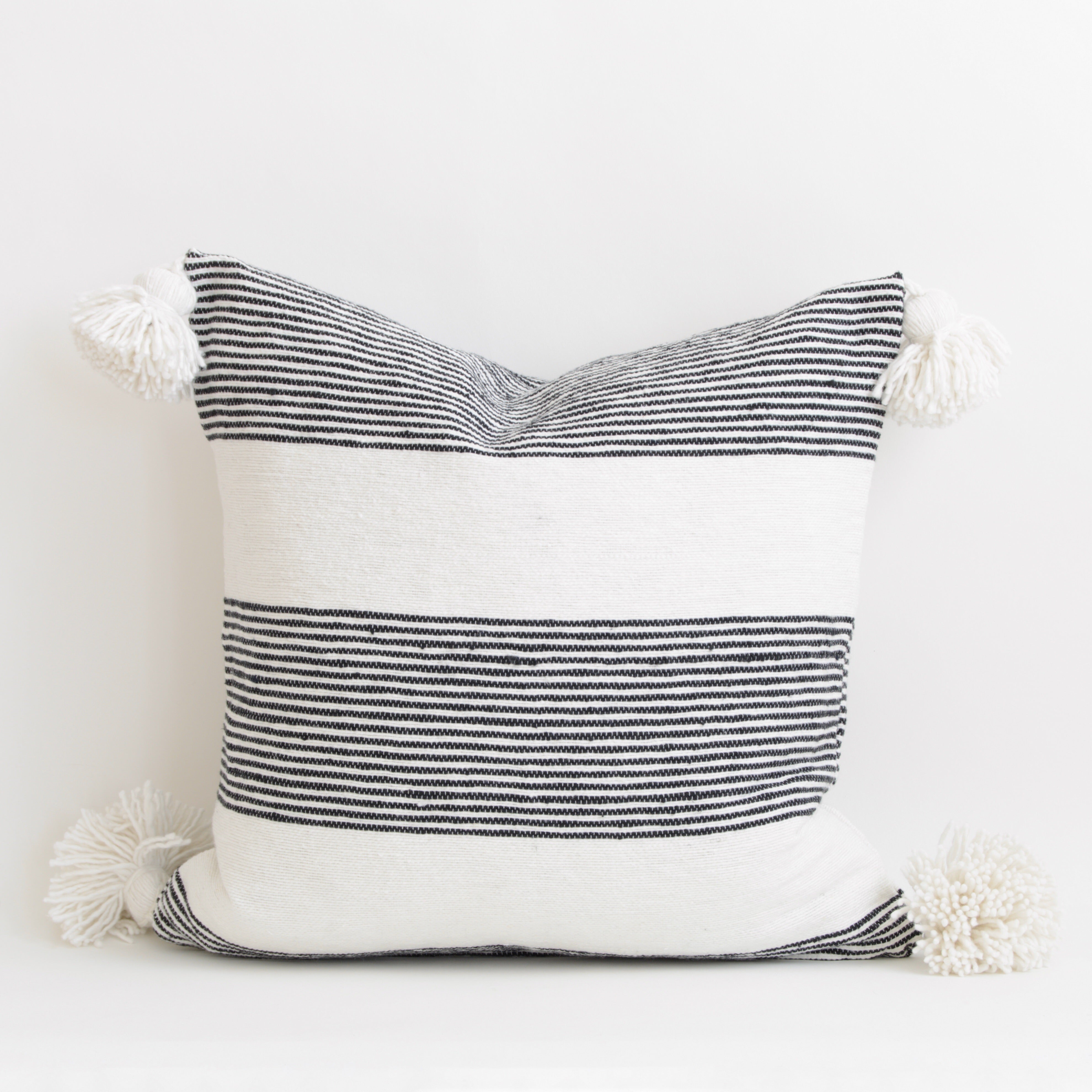 20"x20" Cotton Pom Pom Stripped Pillow Cover wih Tassels