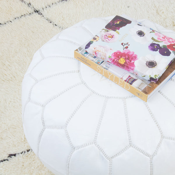 Moroccan leather pouf ottoman white
