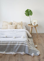 Moroccan Pom Pom Blanket -gray and white stripes