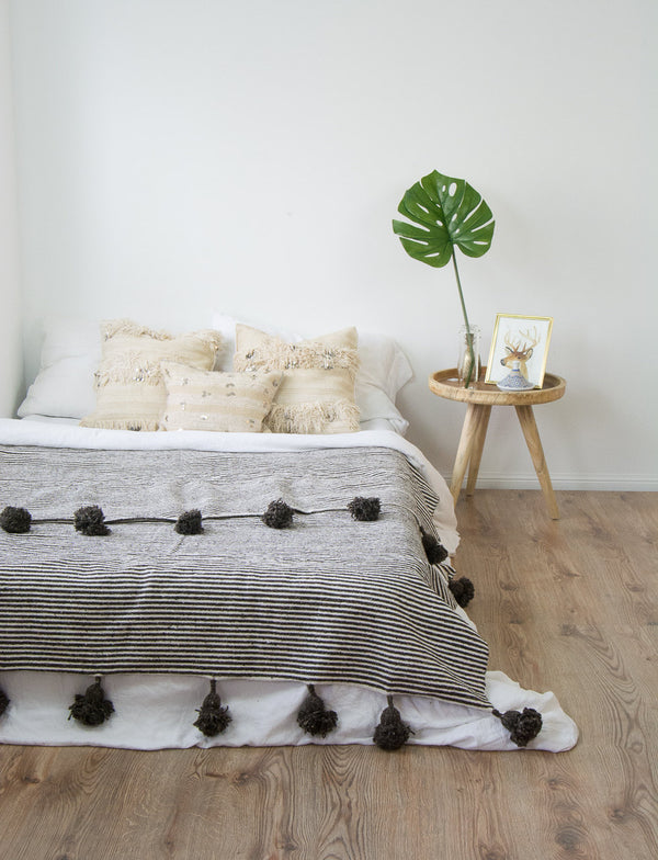 moroccan pom blanket white gray stripes