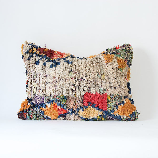 22”x16” Vintage Moroccan Cushion with pom poms - Boucherouite Pillow cover