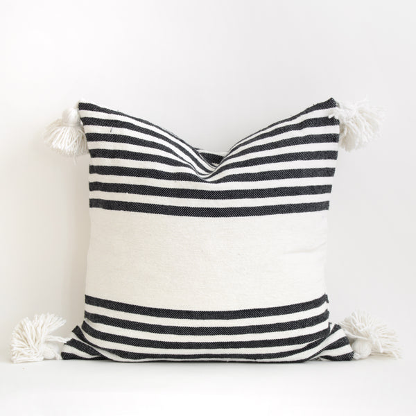 20"x20" Cotton Pom Pom Stripped Pillow Cover wih Tassels